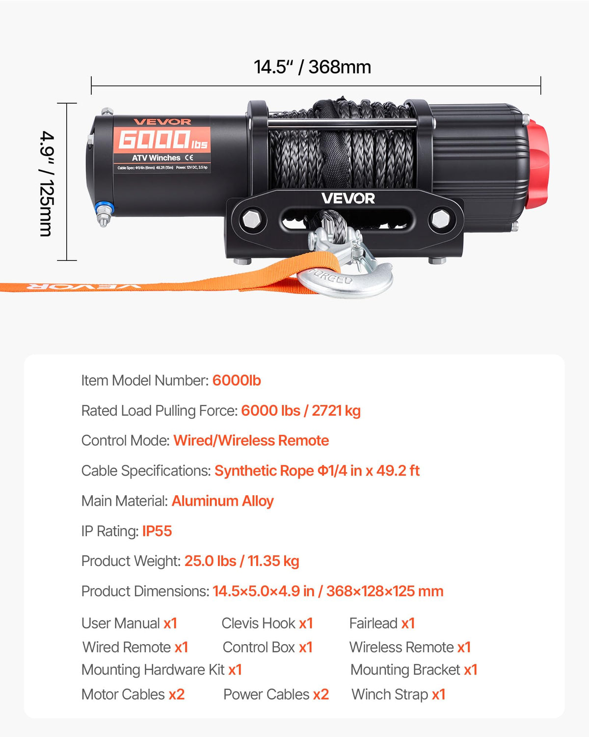 6000 lbs 12V Electric Winch with Synthetic Rope N275087