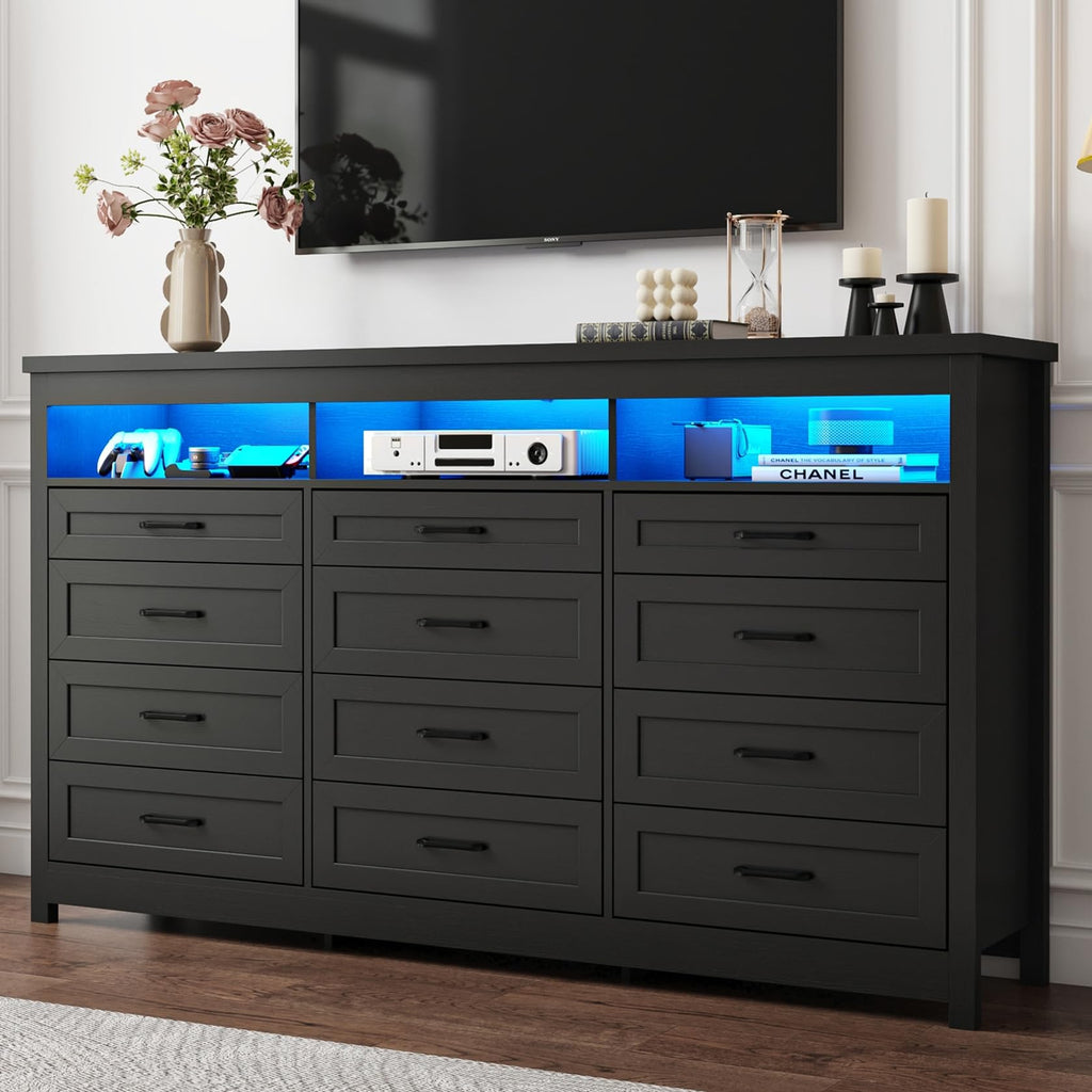 Black 12 Drawer Wood Dresser with LED Lights Z43064