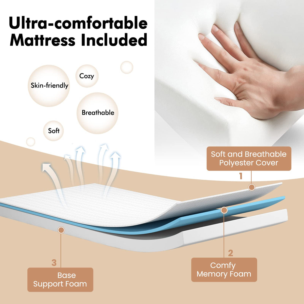 Folding Twin Size Portable Bed with 4” Memory Foam Mattress S990450