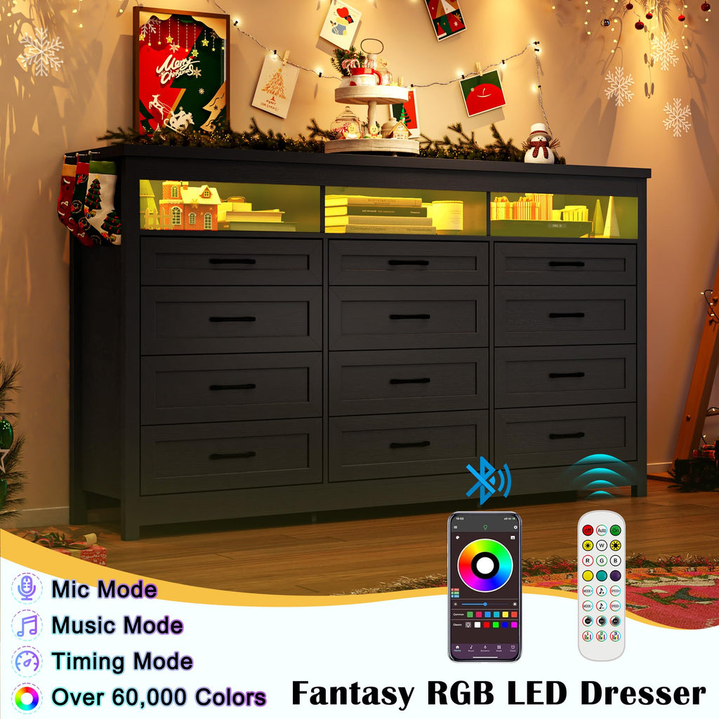 Black 12 Drawer Wood Dresser with LED Lights Z43064