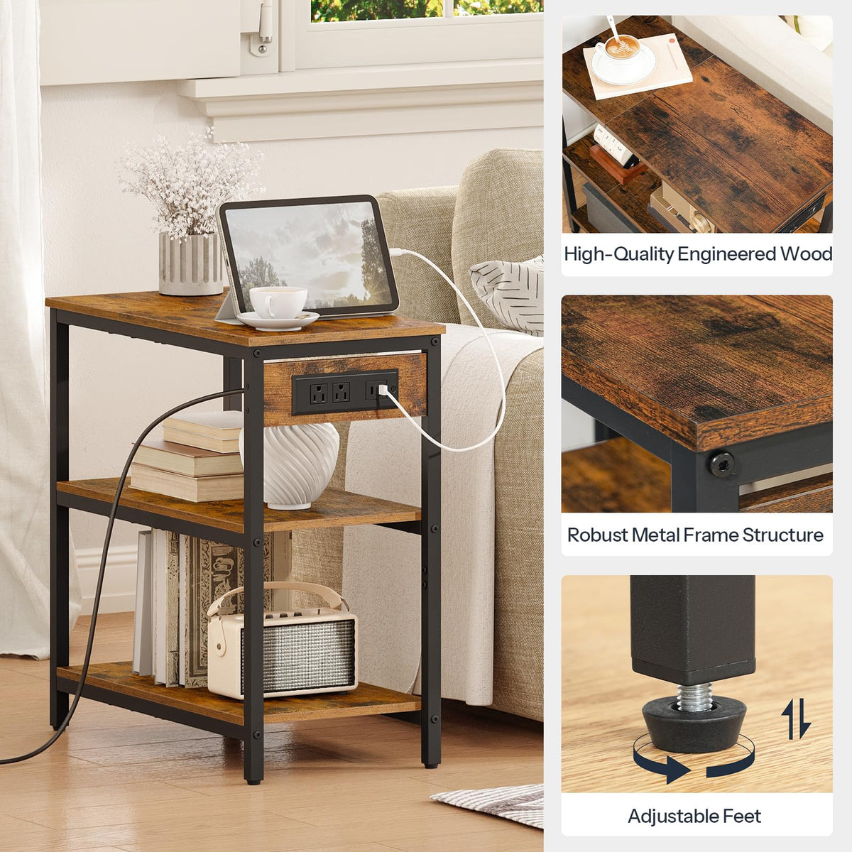 Charging Station End Table with 3 Tier Storage Shelf M962677