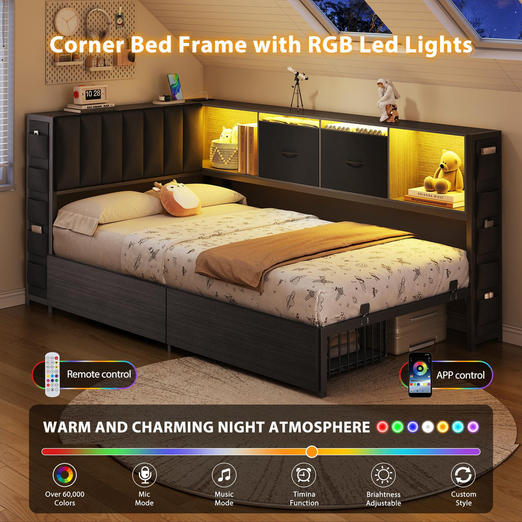 Twin Corner Bed Frame with Upholstered Storage Headboard and Drawers, LED Light and Charging Station, Black A6057
