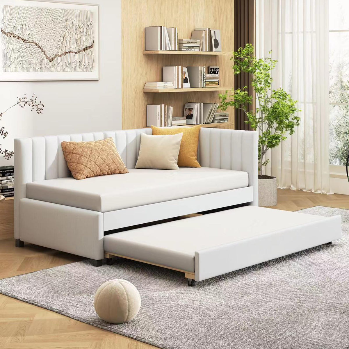 Upholstered Twin Daybed with Trundle, Linen Fabric, Beige X936043