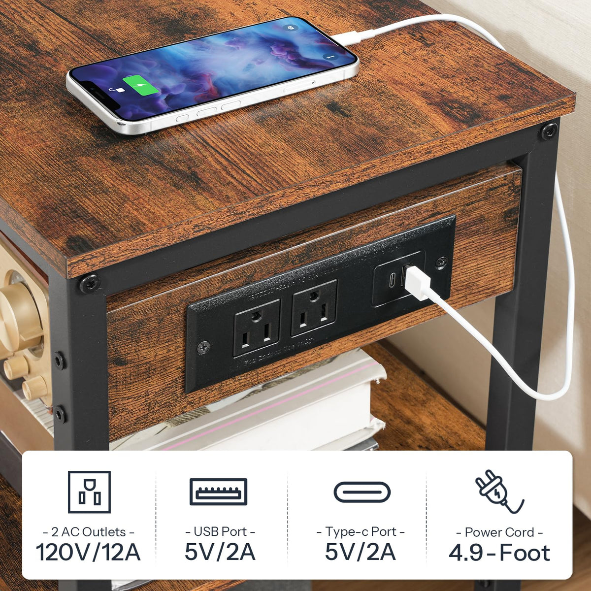 Charging Station End Table with 3 Tier Storage Shelf M962677