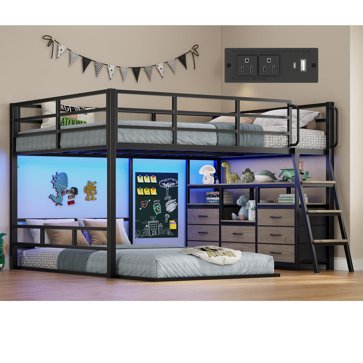 Full Over Twin Bunk Bed with 8 Drawers Grey B502