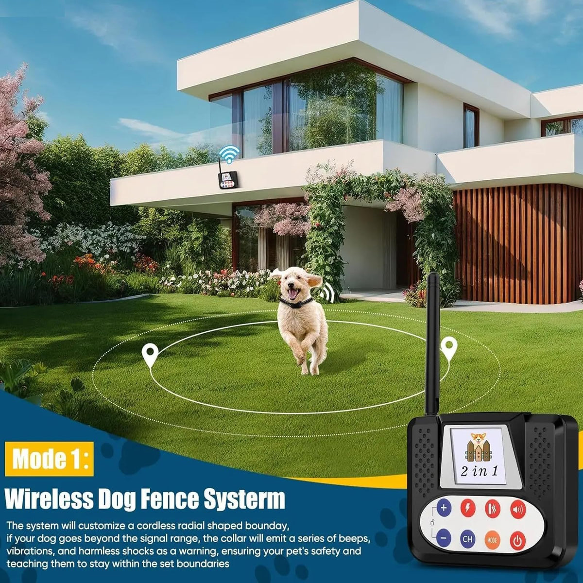 Wireless Electric Dog Fence & Remote Training Shock Collar, Waterproof, Up to 8 Acre J96381