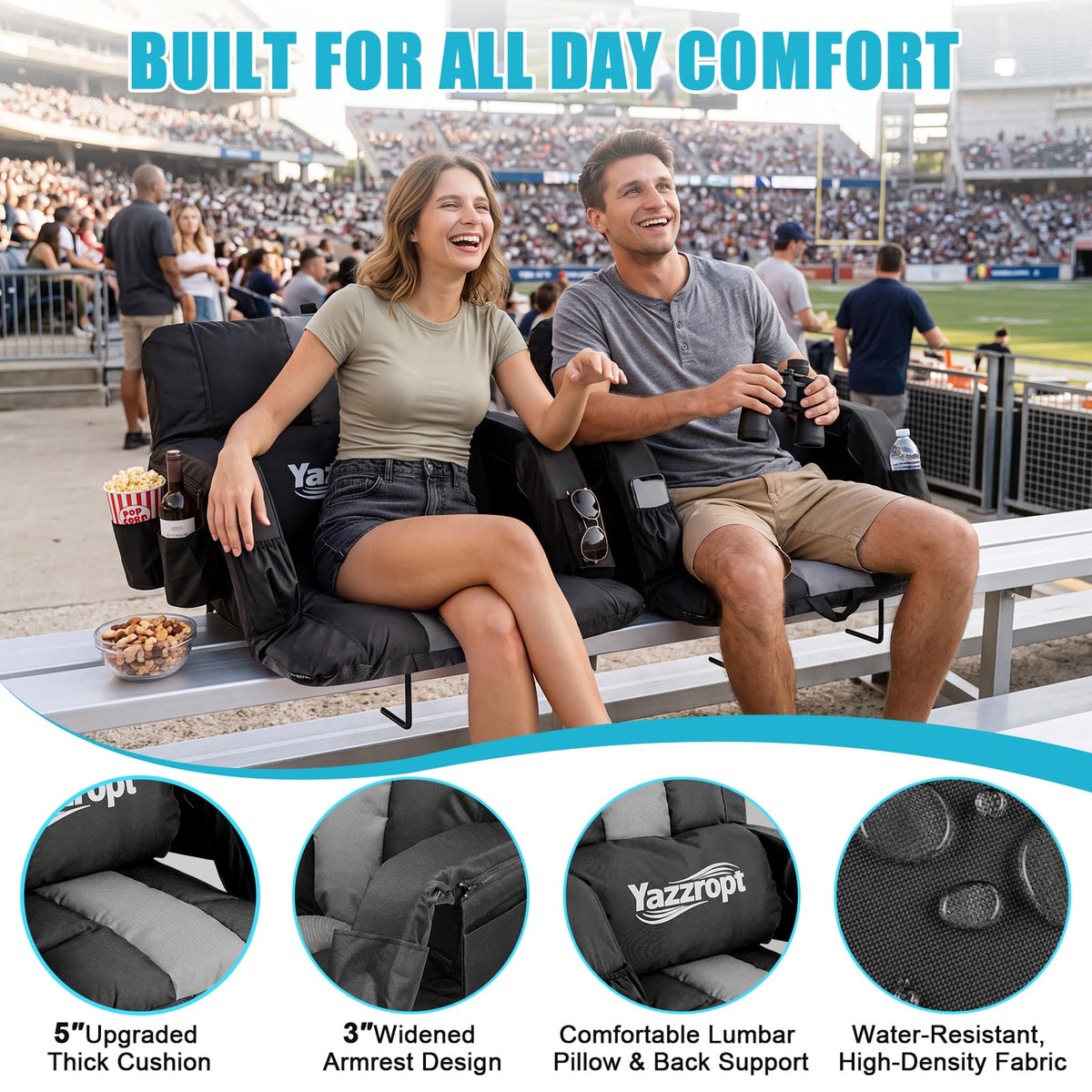 Wide Padded Stadium Seat with Back Support and Cup Holder O9932