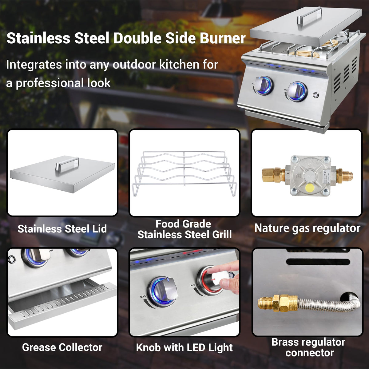 Double Grilling Side Burners, 2 * 17,000BTU, Convertible to Liquid Propane, 304 Stainless Steel K416
