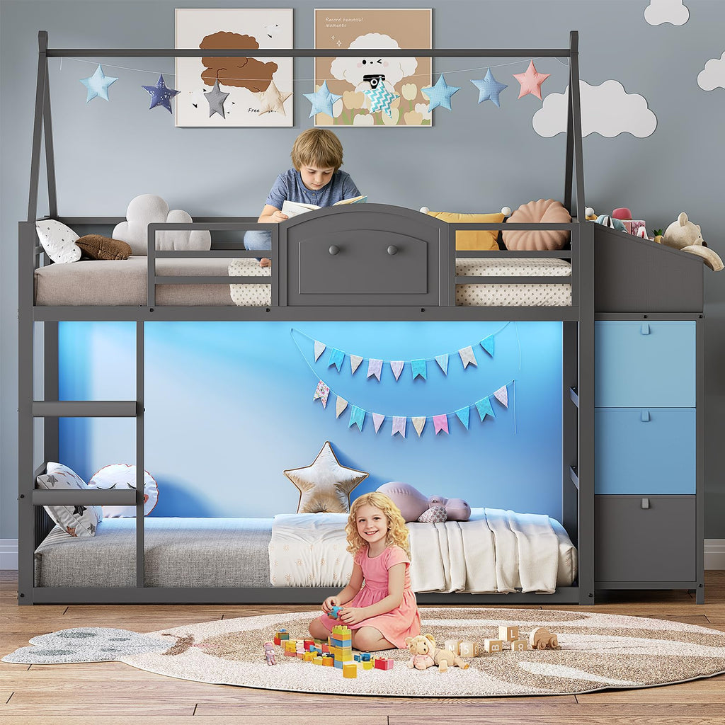Twin Over Twin Bunk Bed with 3 Storage Drawers and Stairs H952770