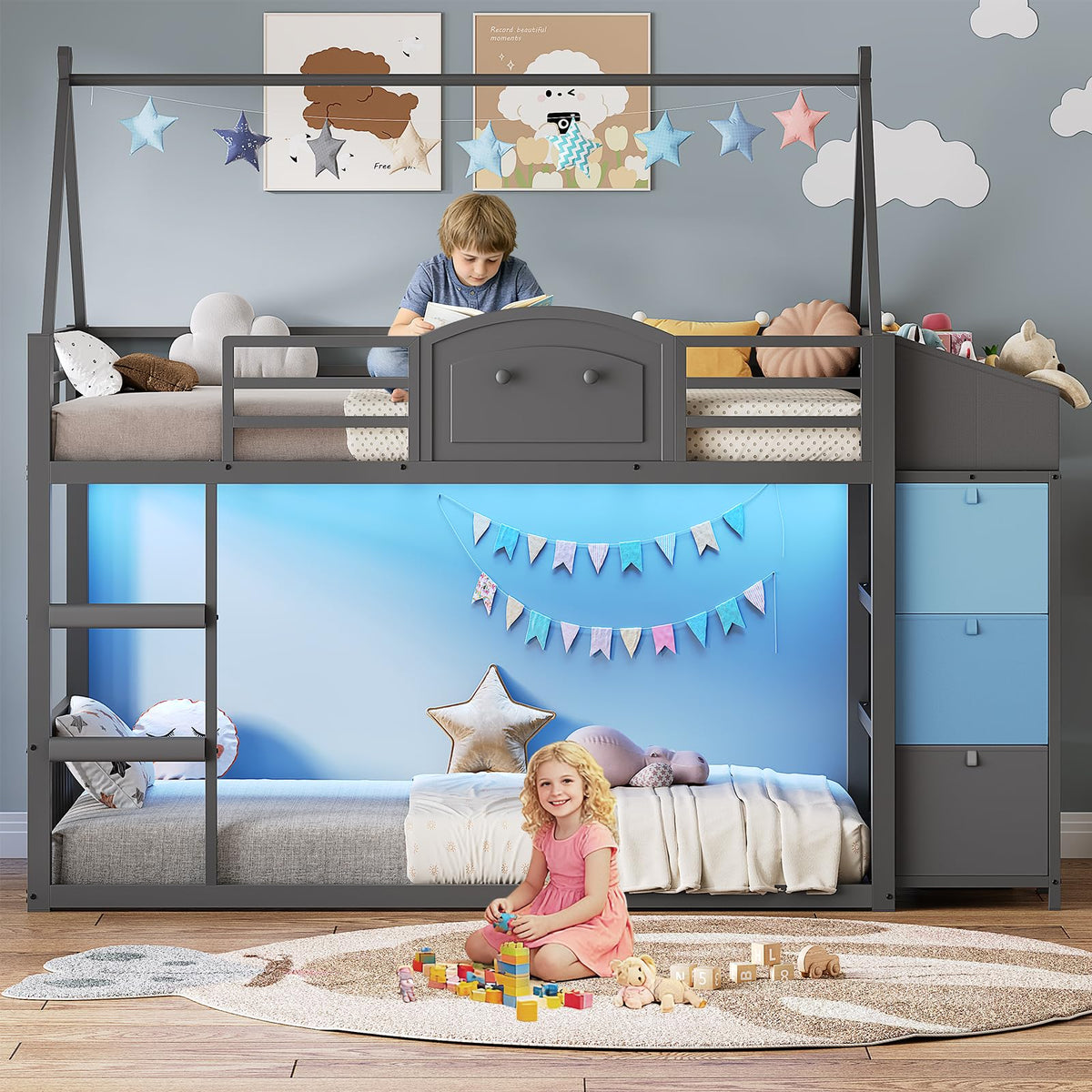 Twin Over Twin Bunk Bed with 3 Storage Drawers and Stairs H952770