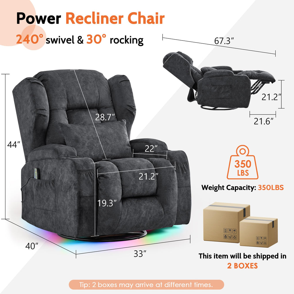 Velvet Gray Power Swivel Rocker Recliner Chair with Massage & Heat E529