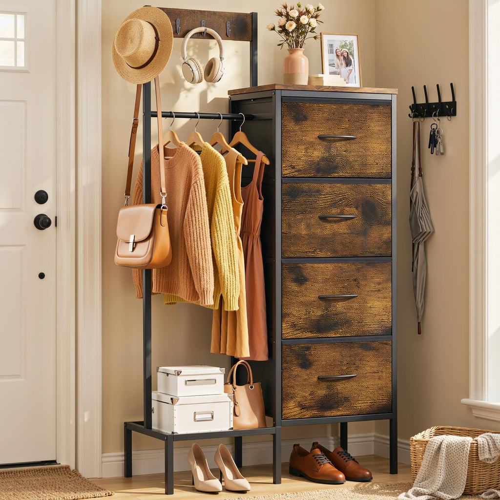 Brown Wood Dresser with Hanging Rack and Storage Drawers U683433