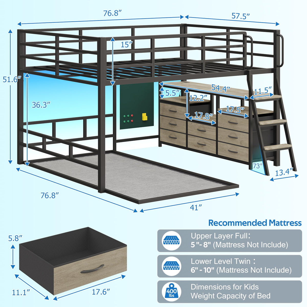 Full Over Twin Bunk Bed with 8 Drawers Grey B502