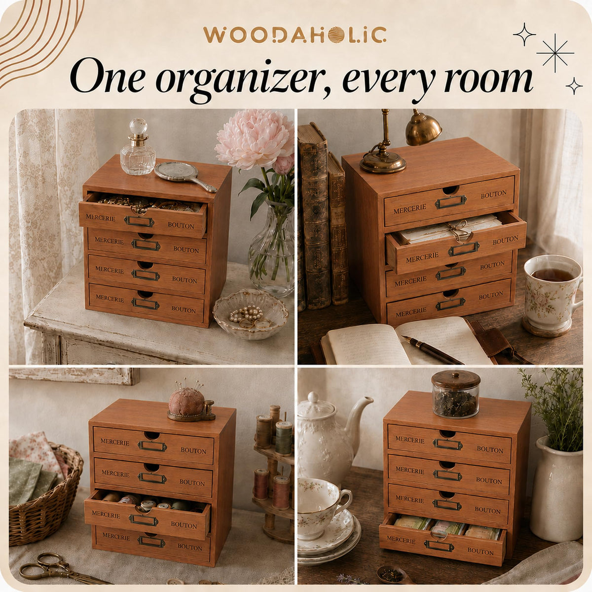 Modular Stackable 4 Drawer Wood Storage Box P746