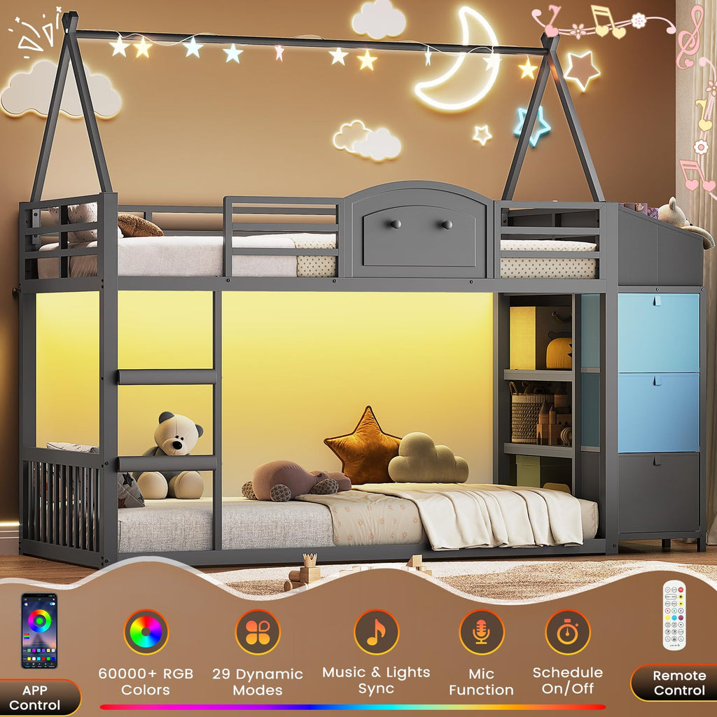 Twin Over Twin Bunk Bed with 3 Storage Drawers and Stairs H952770