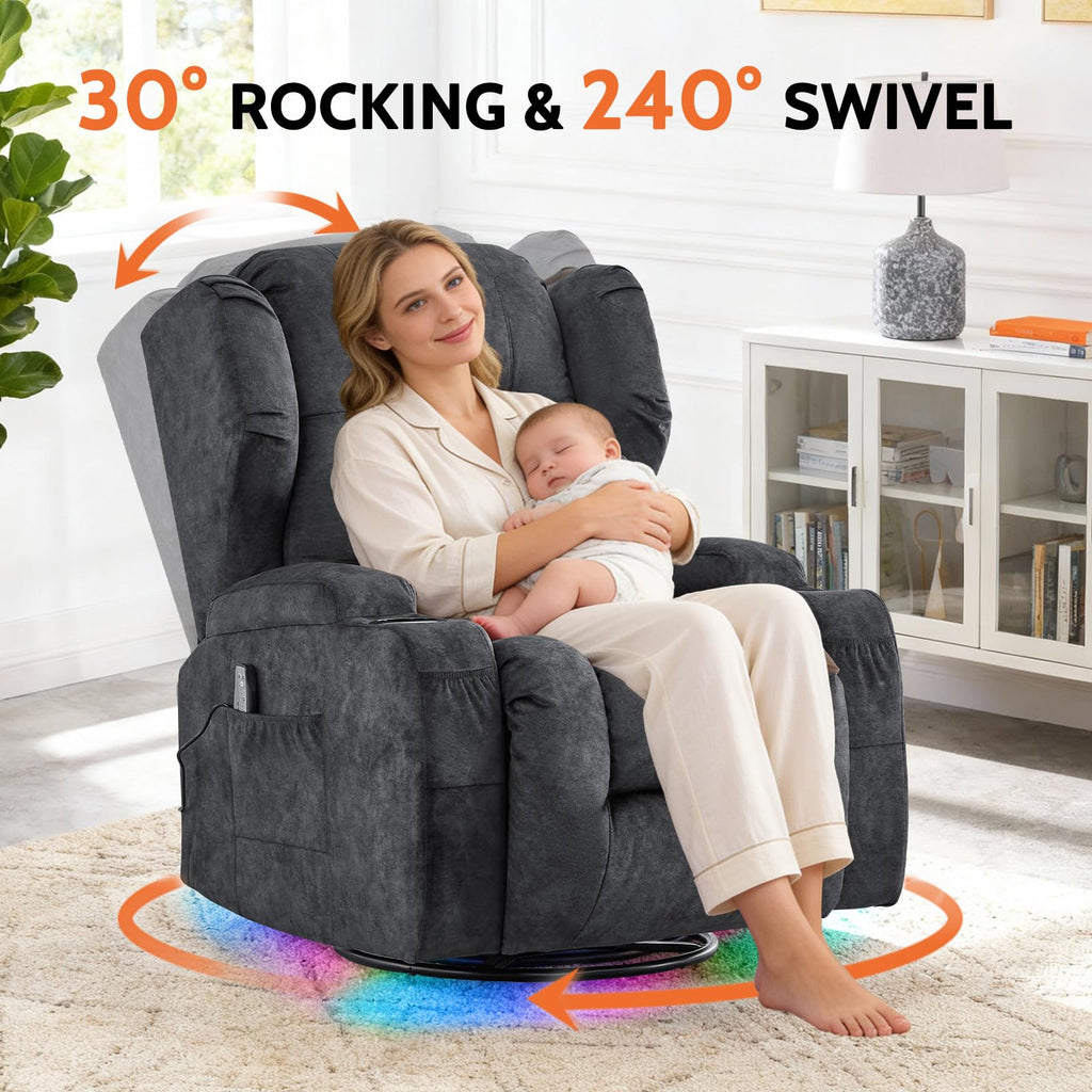 Velvet Gray Power Swivel Rocker Recliner Chair with Massage & Heat E529