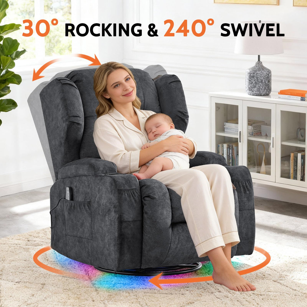 Velvet Gray Power Swivel Rocker Recliner Chair with Massage & Heat E529