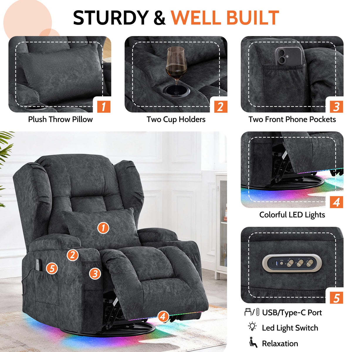 Velvet Gray Power Swivel Rocker Recliner Chair with Massage & Heat E529