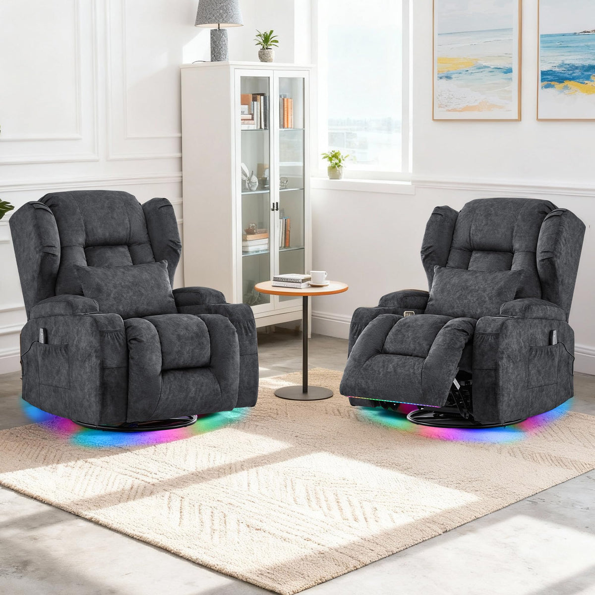 Velvet Gray Power Swivel Rocker Recliner Chair with Massage & Heat E529