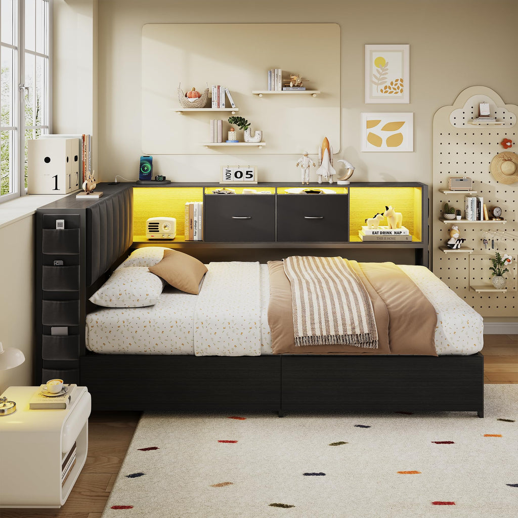 Twin Corner Bed Frame with Upholstered Storage Headboard and Drawers, LED Light and Charging Station, Black A6057