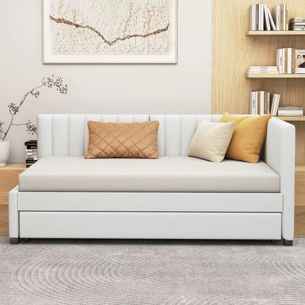 Upholstered Twin Daybed with Trundle, Linen Fabric, Beige X936043
