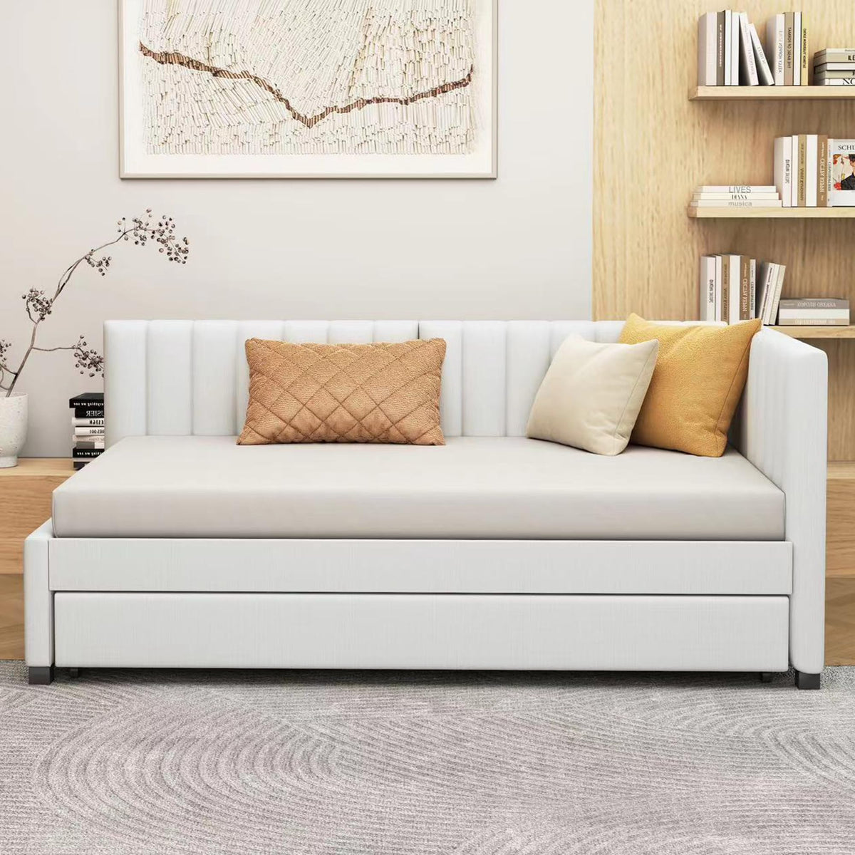 Upholstered Twin Daybed with Trundle, Linen Fabric, Beige X936043