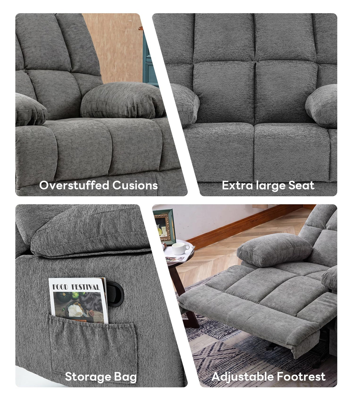 41" Oversized Chenille Rocker Recliner Chair Grey 350 LBS Capacity X87270