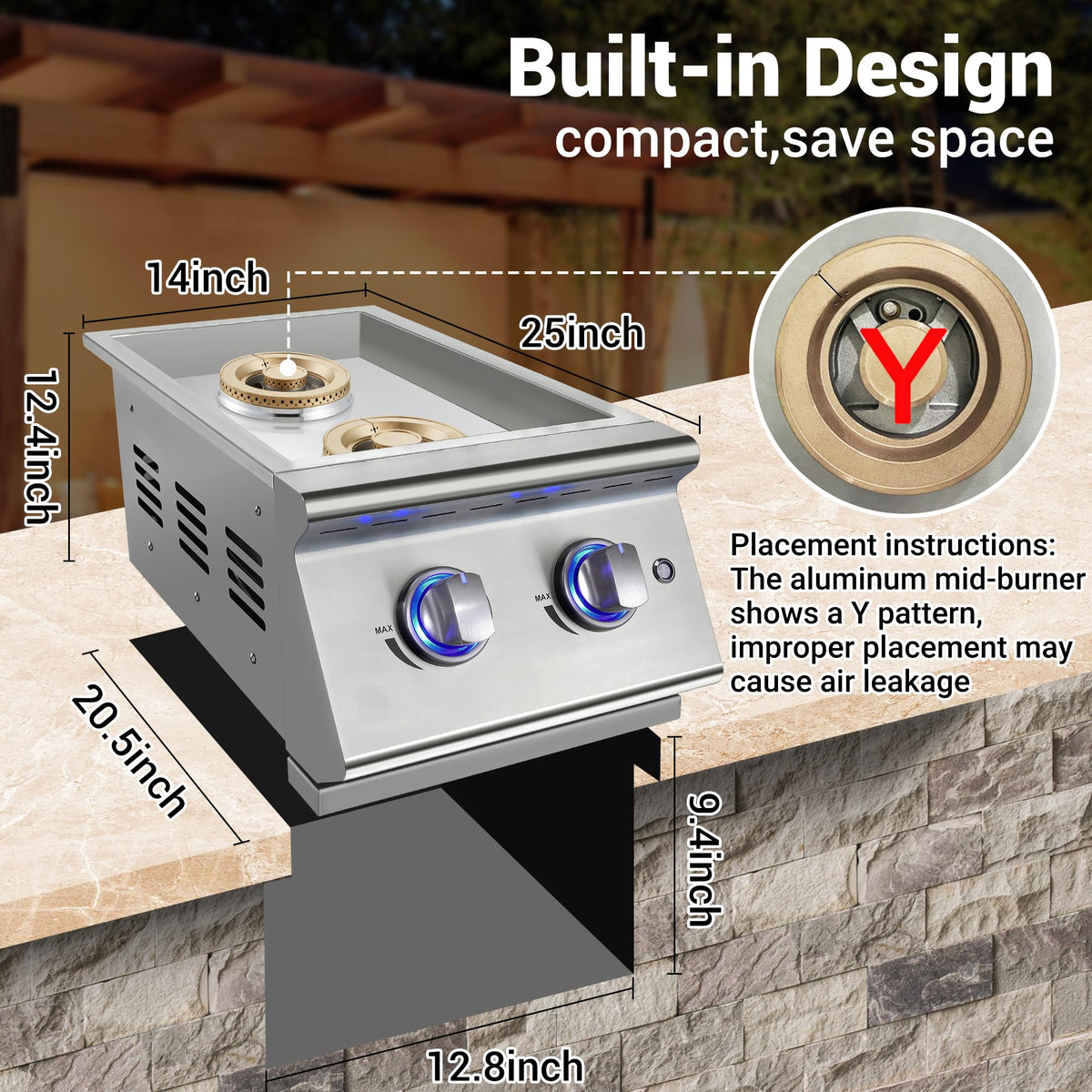 Double Grilling Side Burners, 2 * 17,000BTU, Convertible to Liquid Propane, 304 Stainless Steel K416