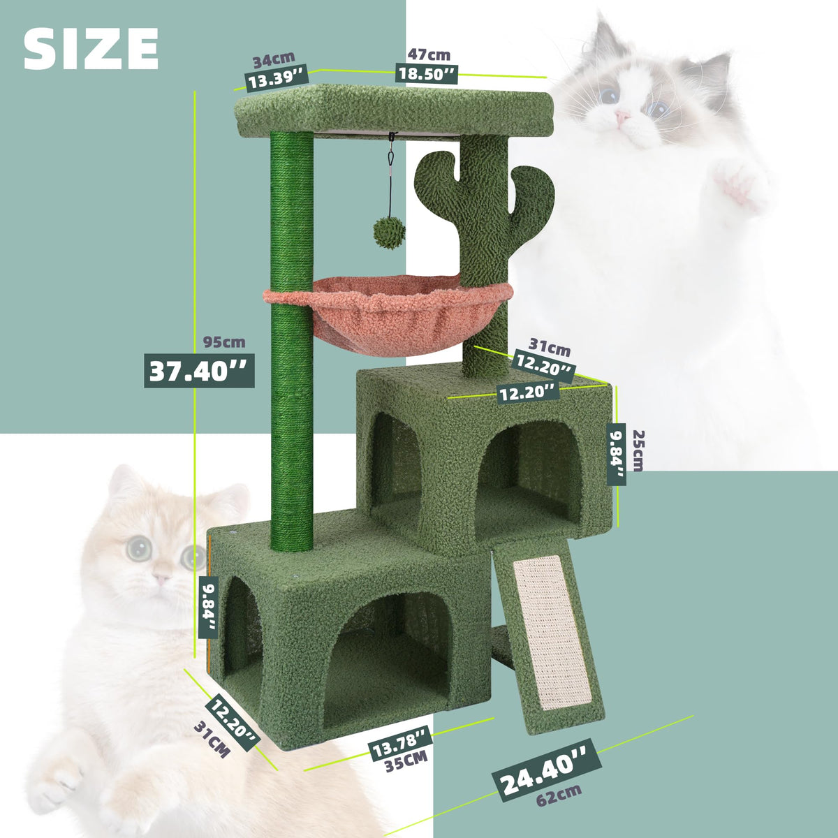 37.4" Green Cactus Cat Tree with Cat Condos and Scratching Post V36075