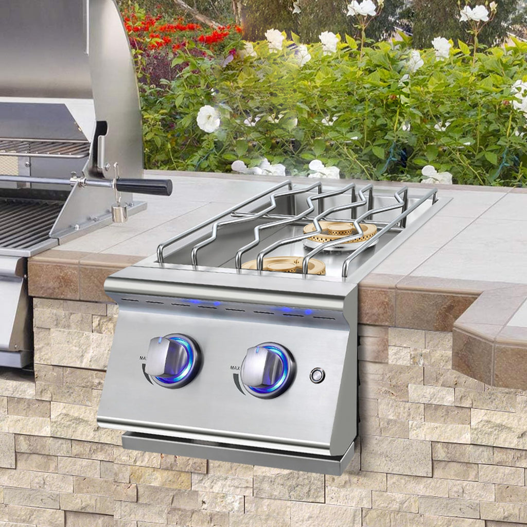 Double Grilling Side Burners, 2 * 17,000BTU, Convertible to Liquid Propane, 304 Stainless Steel K416