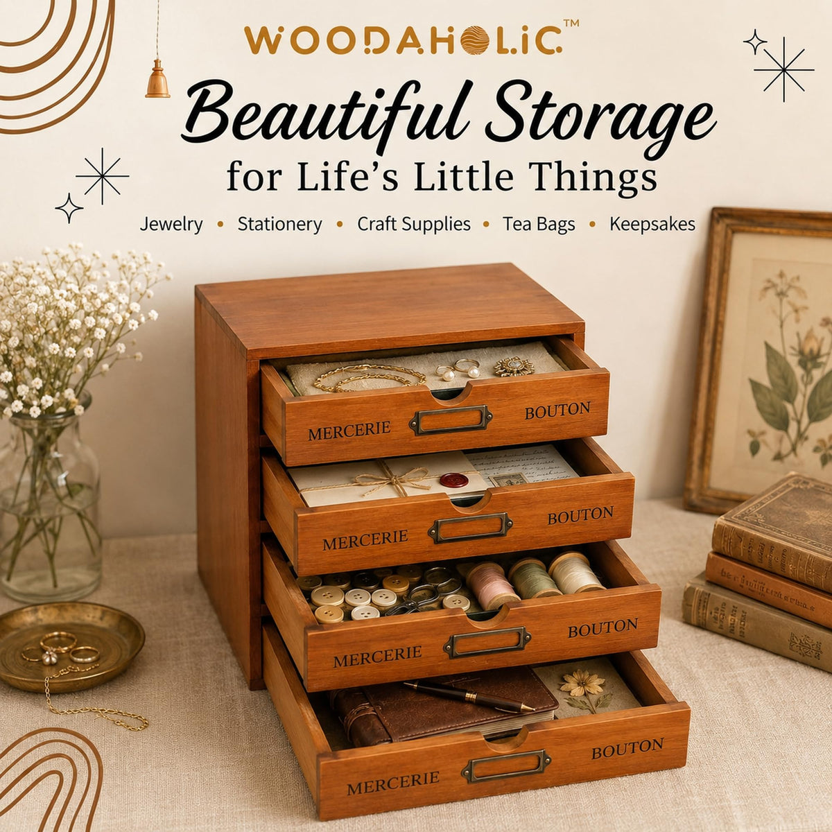 Modular Stackable 4 Drawer Wood Storage Box P746