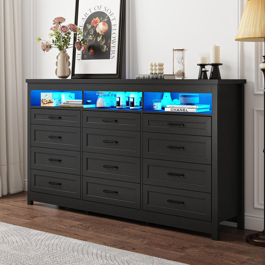 Black 12 Drawer Wood Dresser with LED Lights Z43064