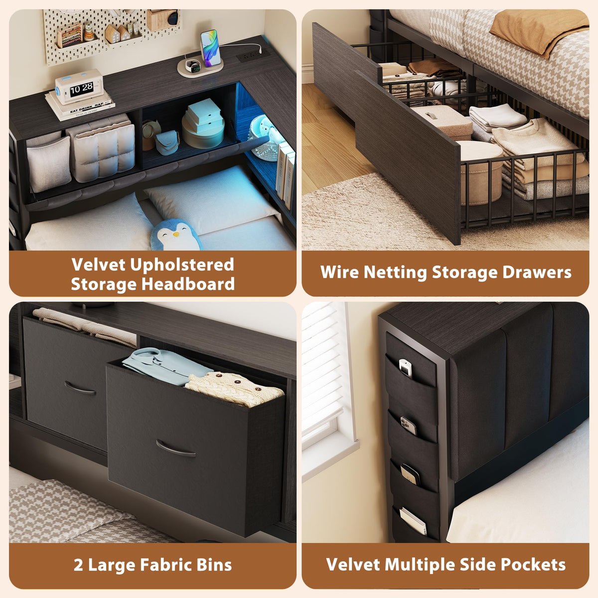 Twin Corner Bed Frame with Upholstered Storage Headboard and Drawers, LED Light and Charging Station, Black A6057