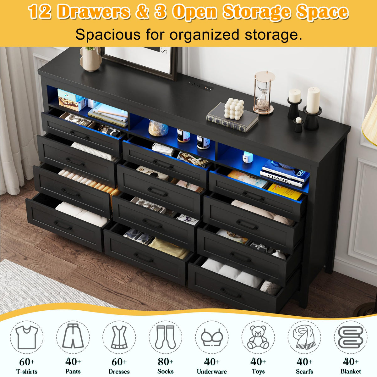 Black 12 Drawer Wood Dresser with LED Lights Z43064