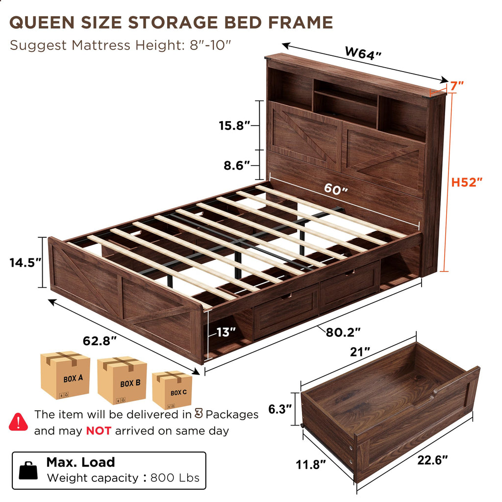 Queen Size Wood Bed Frame with Storage Headboard and 4 Drawers U169298