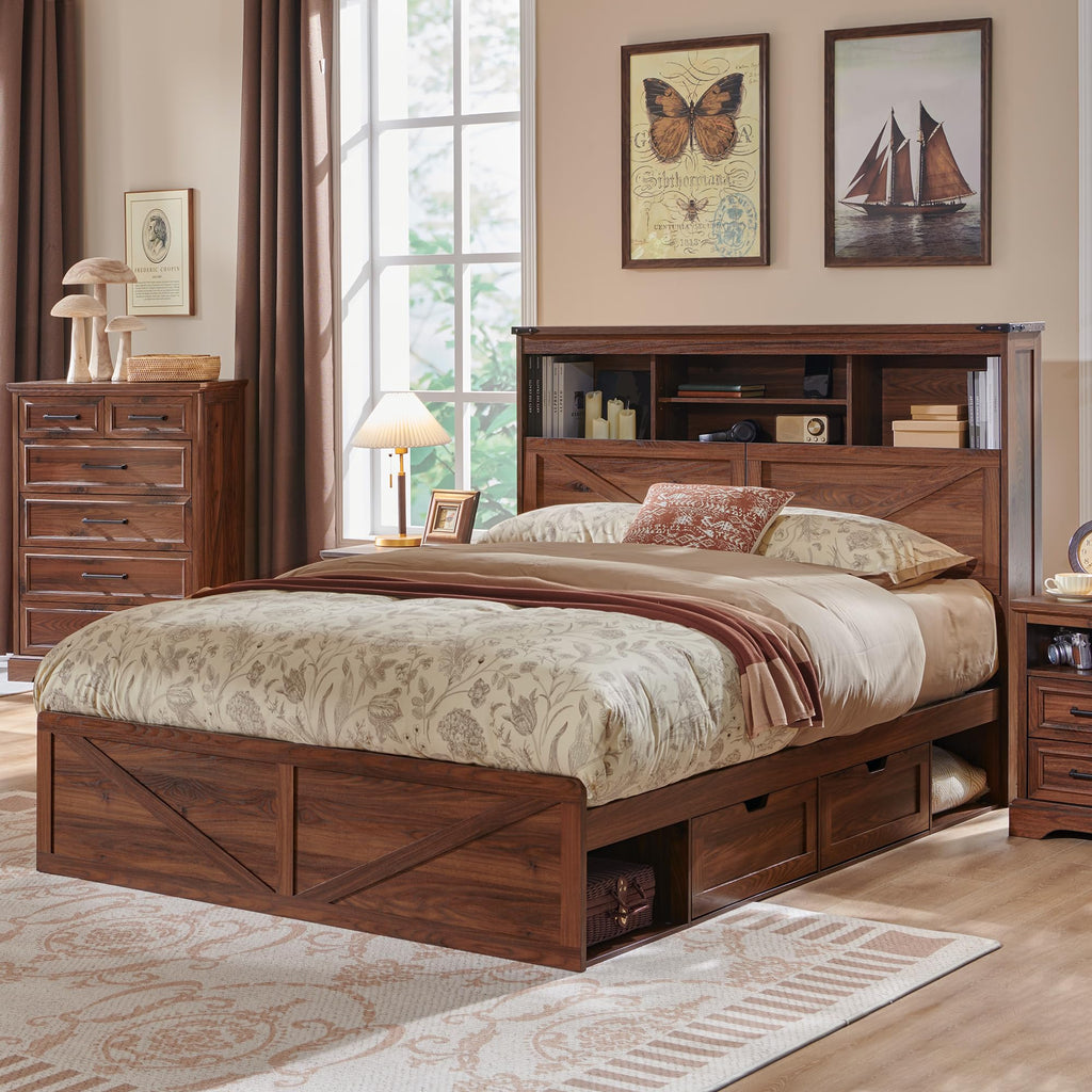 Queen Size Wood Bed Frame with Storage Headboard and 4 Drawers U169298