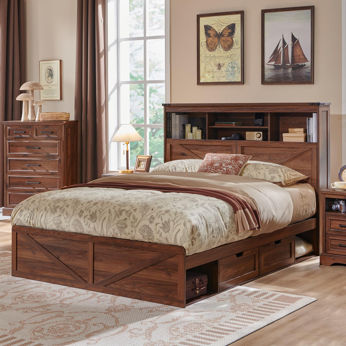 Queen Size Wood Bed Frame with Storage Headboard and 4 Drawers U169298