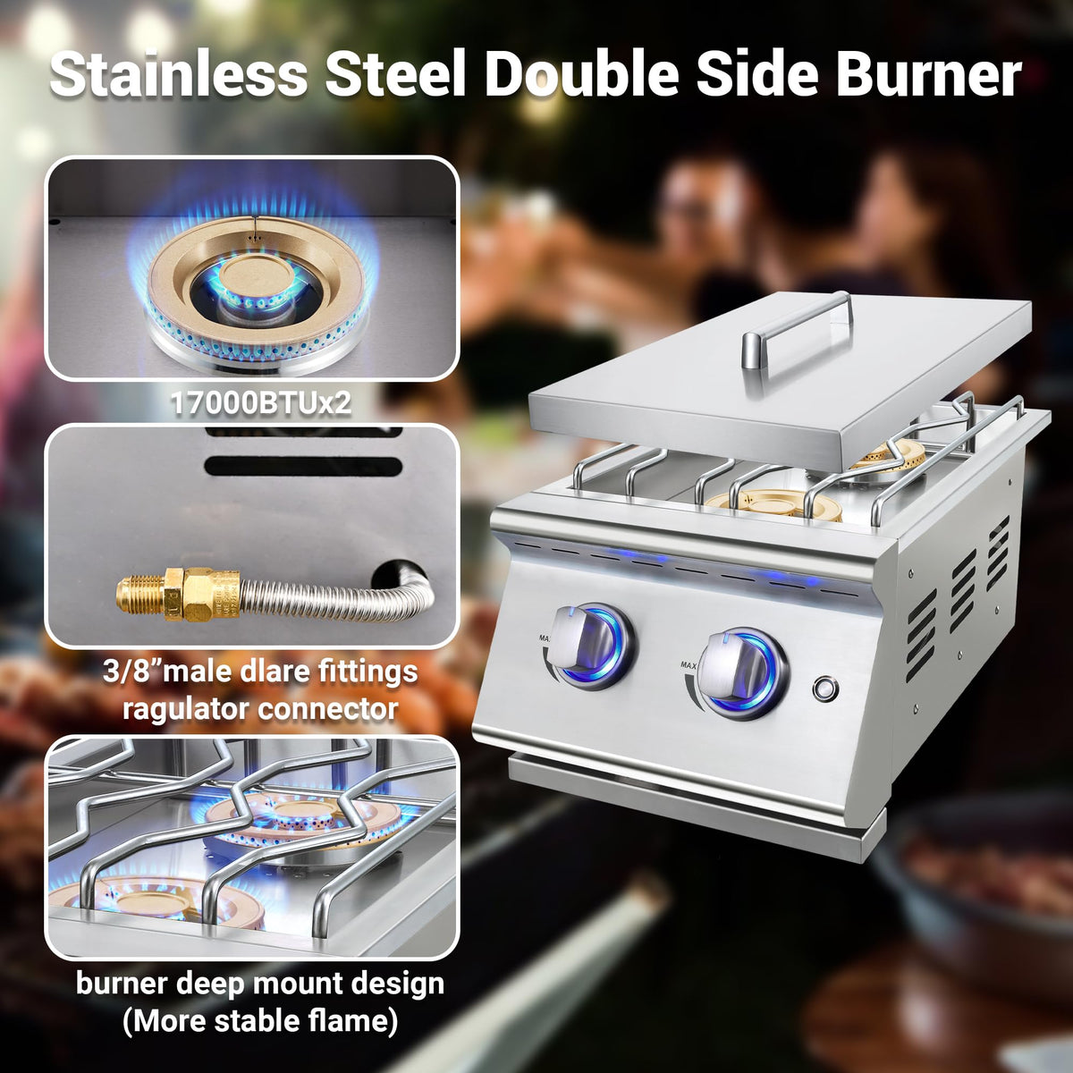 Double Grilling Side Burners, 2 * 17,000BTU, Convertible to Liquid Propane, 304 Stainless Steel K416