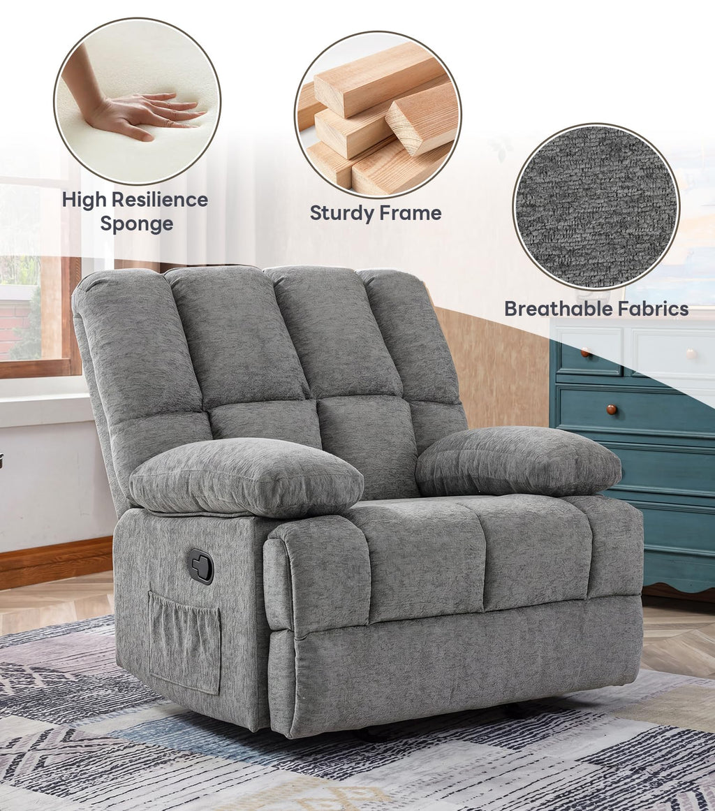 41" Oversized Chenille Rocker Recliner Chair Grey 350 LBS Capacity X87270