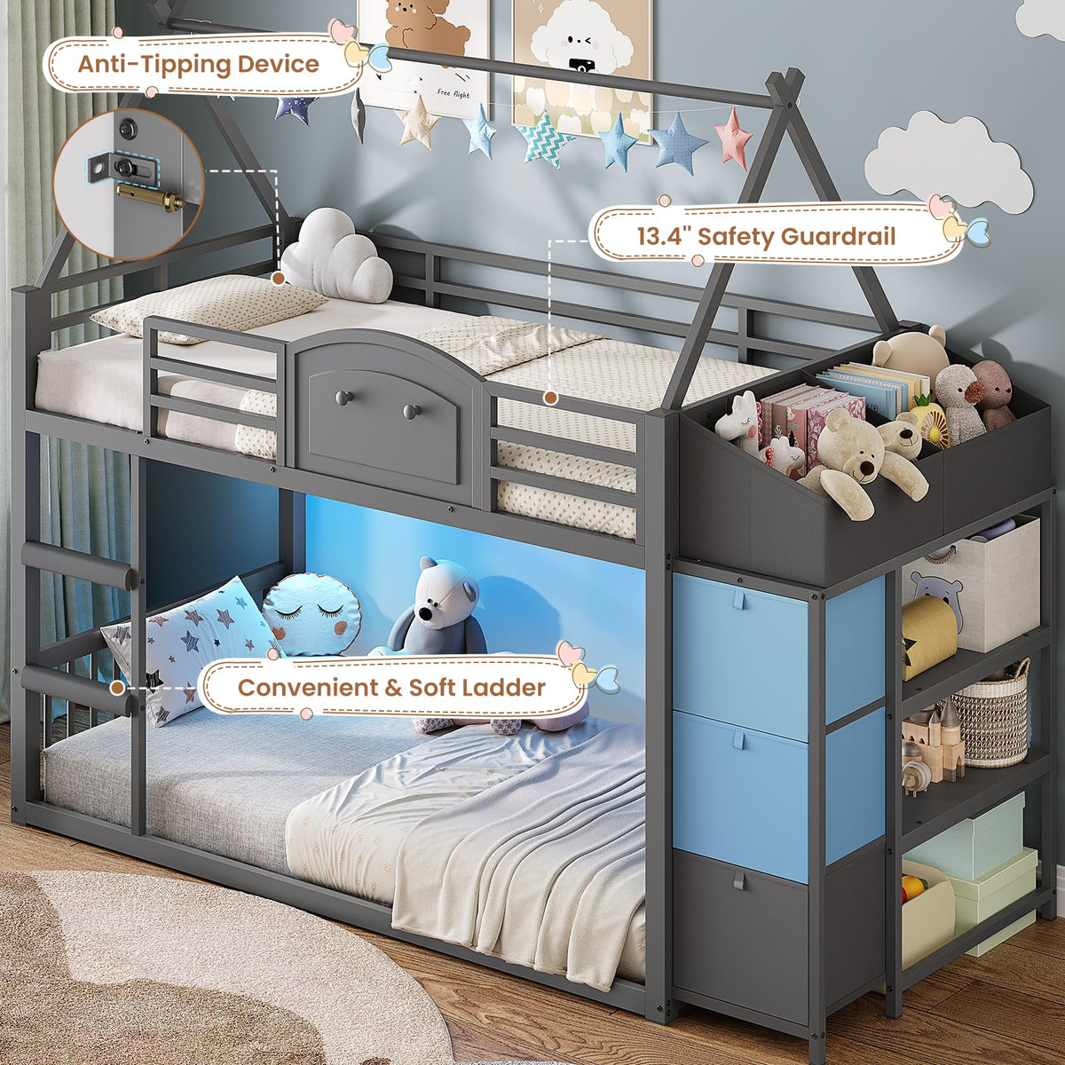 Twin Over Twin Bunk Bed with 3 Storage Drawers and Stairs H952770