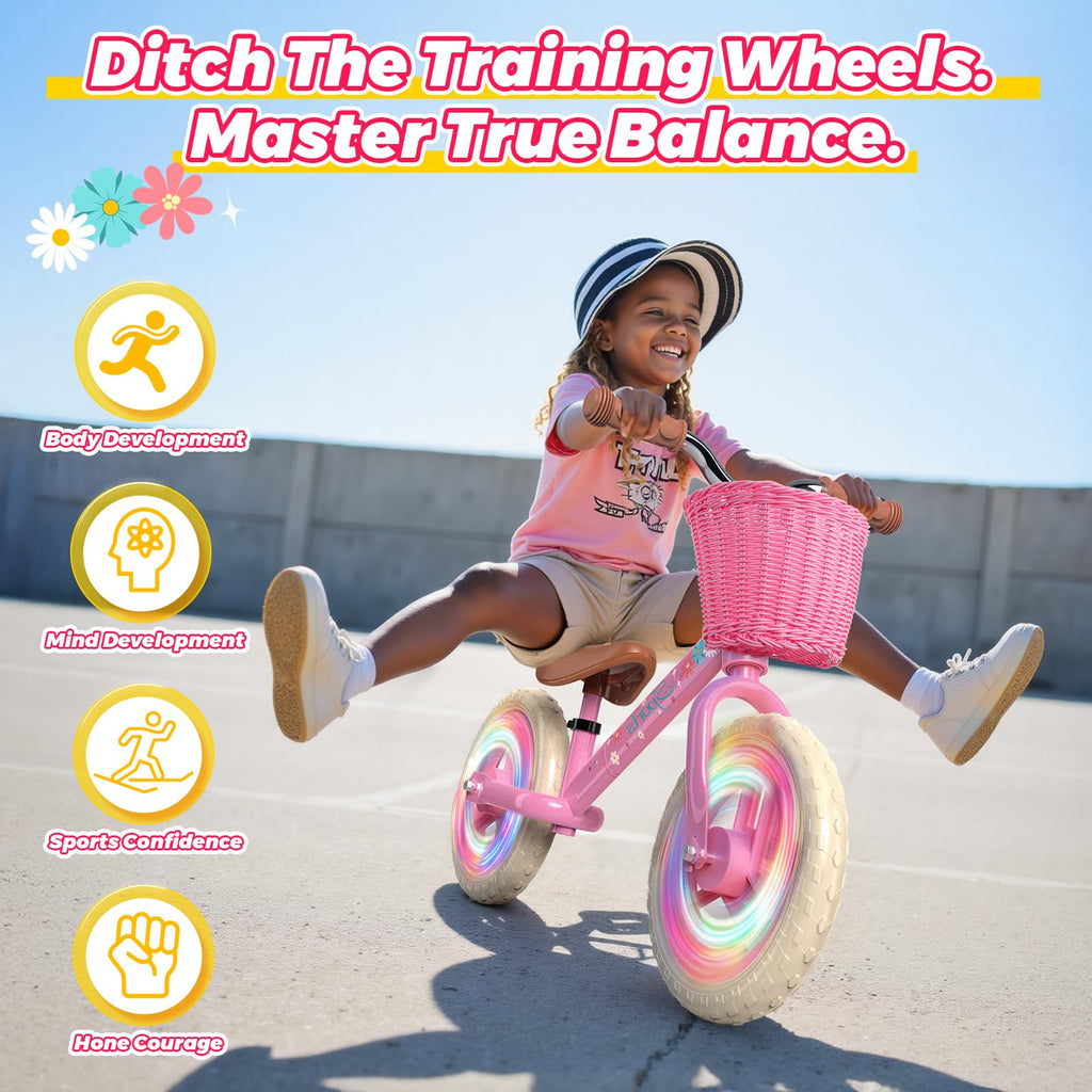 Toddler Balance Bike with Fender, Adjustable Seat/Handlebar, Flat-Free LED Tires B752935
