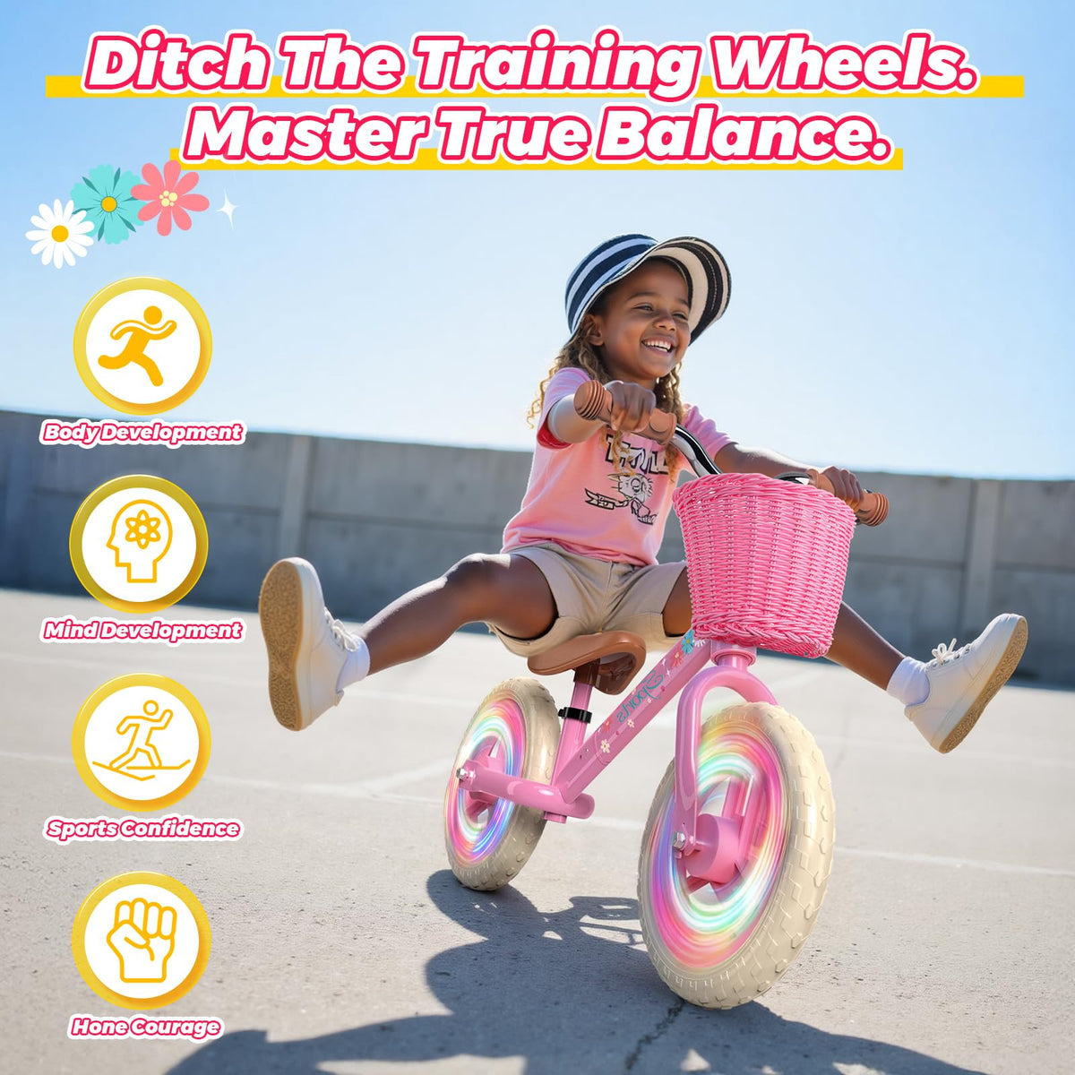 Toddler Balance Bike with Fender, Adjustable Seat/Handlebar, Flat-Free LED Tires B752935