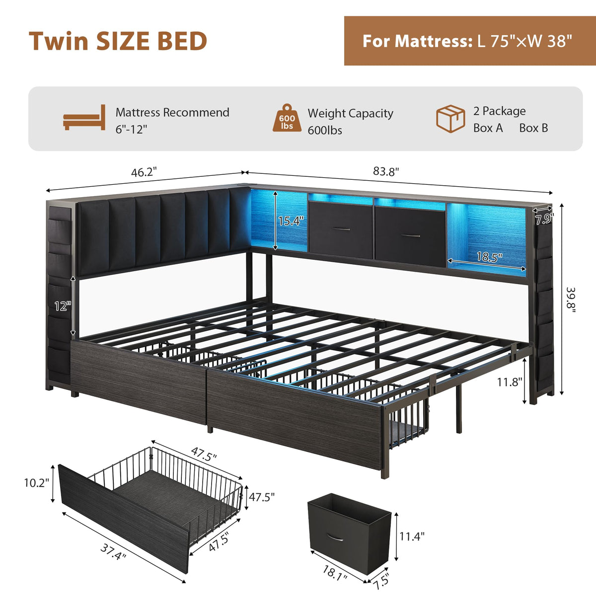 Twin Corner Bed Frame with Upholstered Storage Headboard and Drawers, LED Light and Charging Station, Black A6057