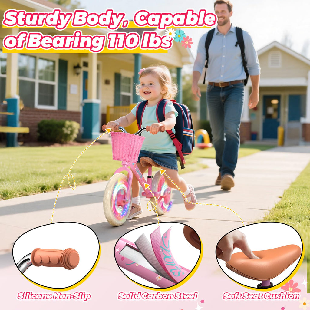 Toddler Balance Bike with Fender, Adjustable Seat/Handlebar, Flat-Free LED Tires B752935