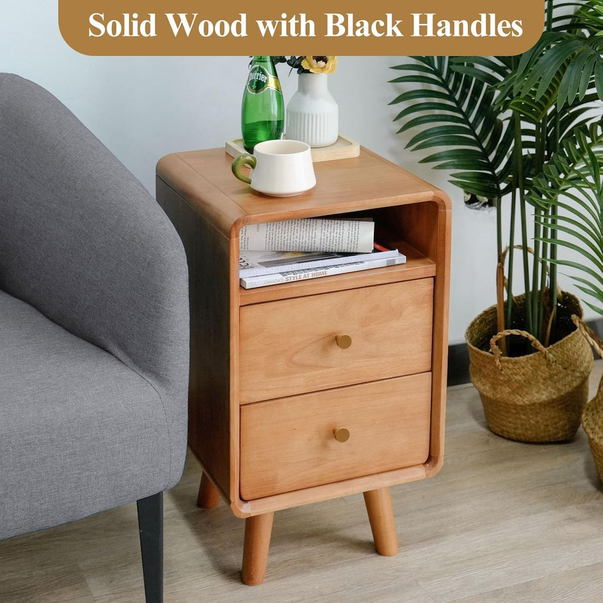 Solid Wood 2 Drawer Narrow Nightstand D585
