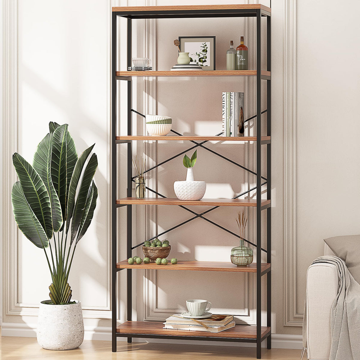 71" Tall 5 Tier Wood and Metal Bookshelf V9638
