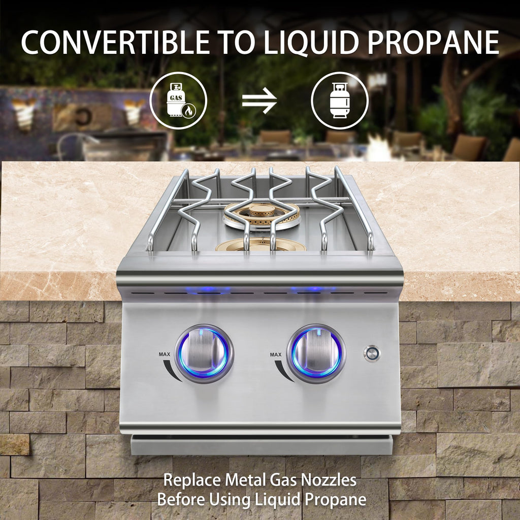 Double Grilling Side Burners, 2 * 17,000BTU, Convertible to Liquid Propane, 304 Stainless Steel K416