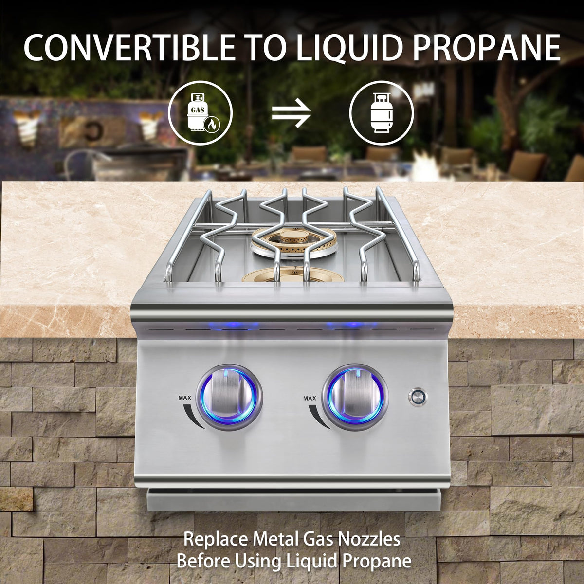 Double Grilling Side Burners, 2 * 17,000BTU, Convertible to Liquid Propane, 304 Stainless Steel K416