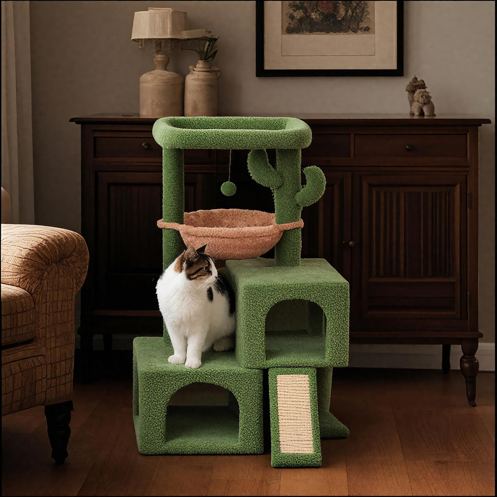 37.4" Green Cactus Cat Tree with Cat Condos and Scratching Post V36075