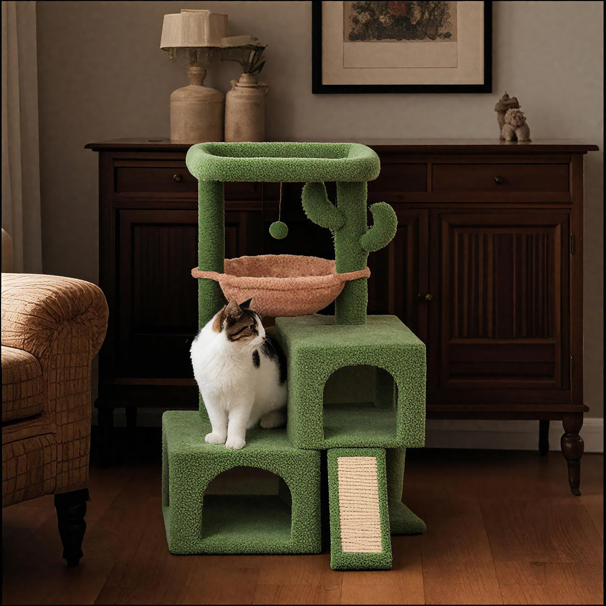 37.4" Green Cactus Cat Tree with Cat Condos and Scratching Post V36075